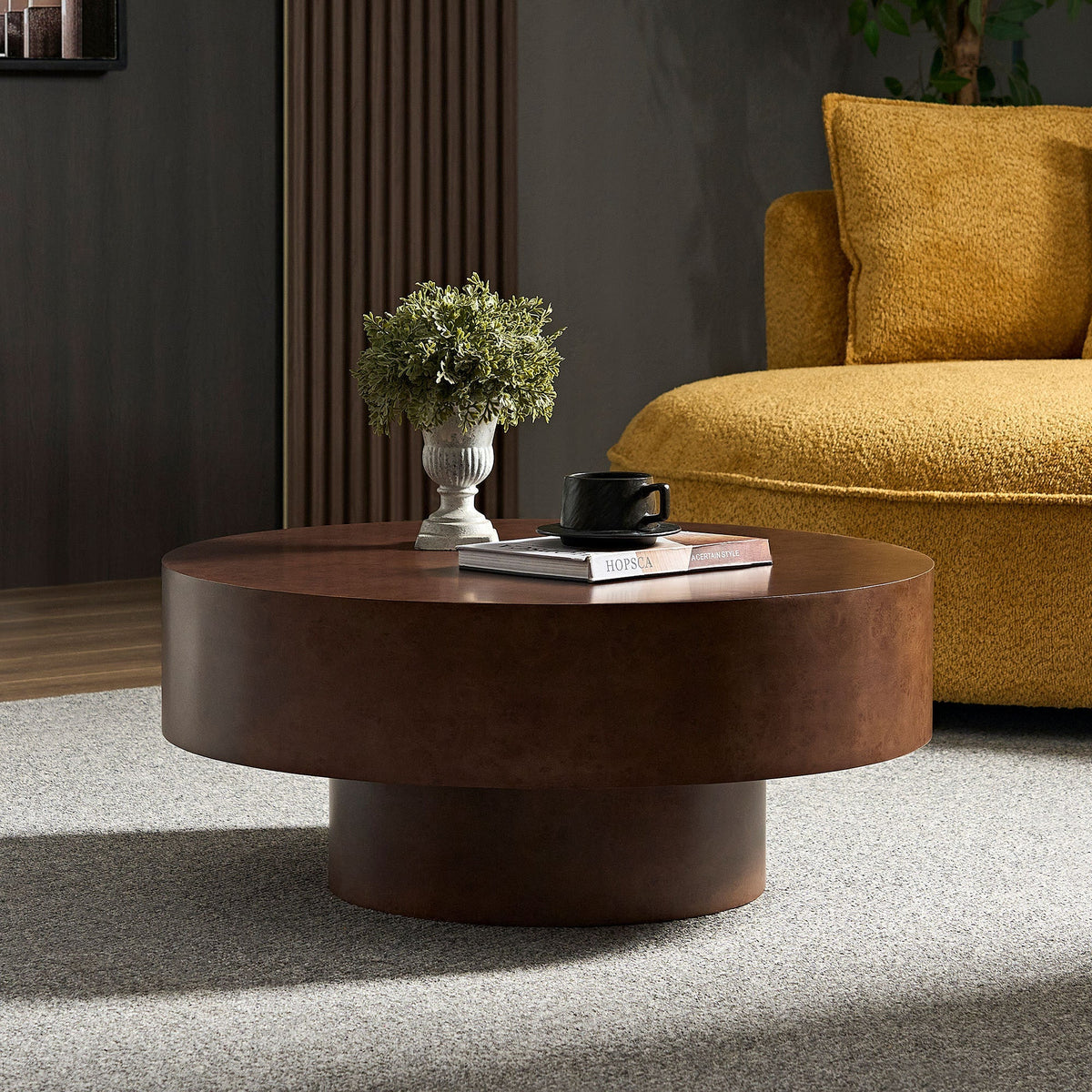 Faux Burl Wood Round Coffee Table with Sturdy Pedestal - Walnut