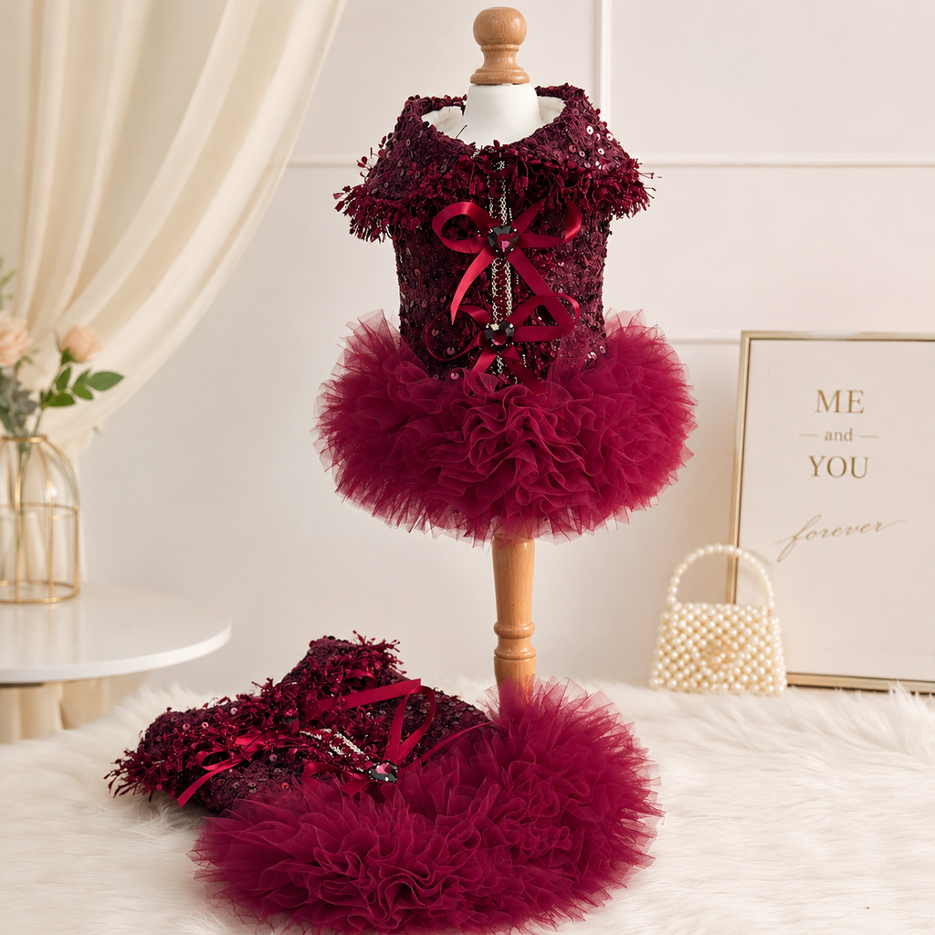 Burgundy Sequin Dog Dress with Tulle Skirt