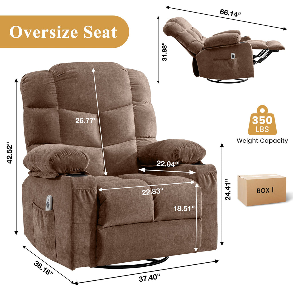 Oversized Massage Swivel Recliner Chair with Lumbar Heating, Cup Holders & USB - Brown or Gray