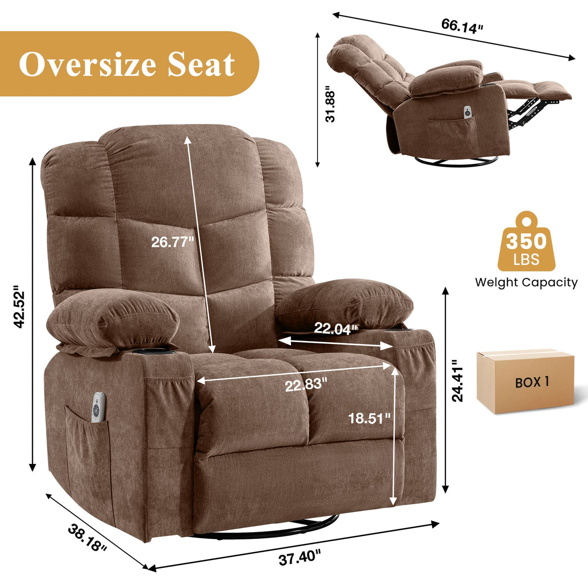 Oversized Massage Swivel Recliner Chair with Lumbar Heating, Cup Holders & USB - Brown or Gray