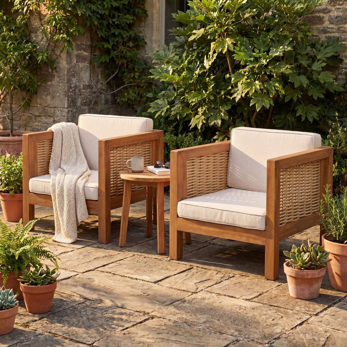 Outdoor Club Chair with Wicker Armrest - Beige
