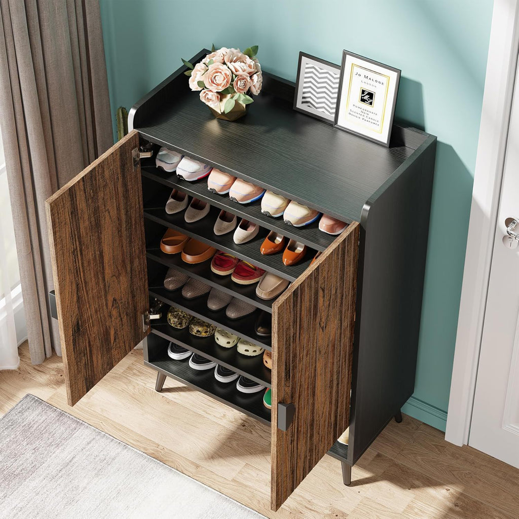 Shoe Cabinet With Doors, 7 Tier Storage Organizer with Adjustable Shelves - Dark Brown, Light Brown, or White