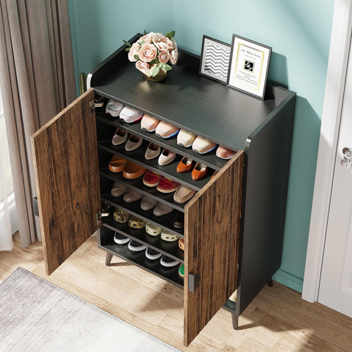 Shoe Cabinet With Doors, 7 Tier Storage Organizer with Adjustable Shelves - Dark Brown, Light Brown, or White