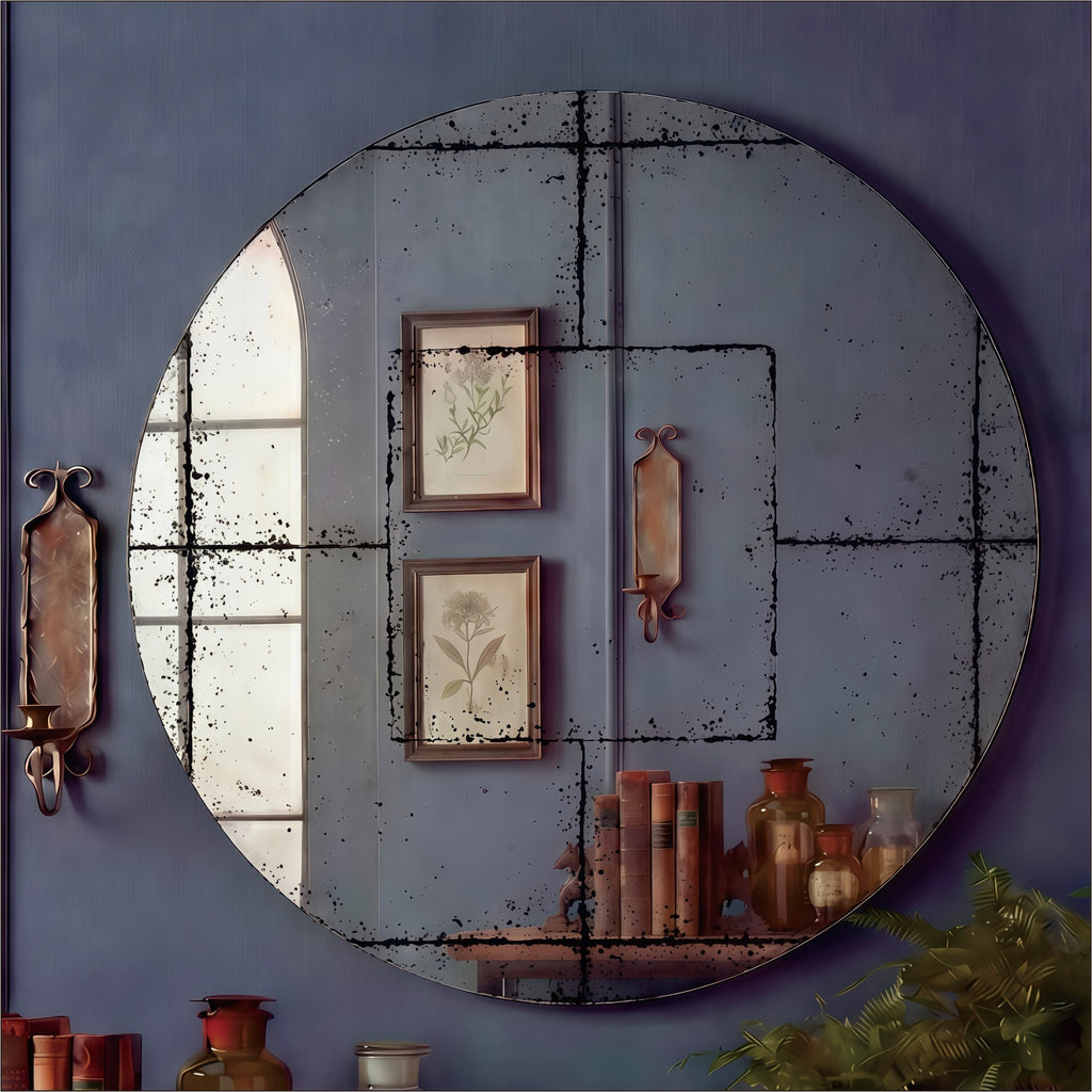 Round Wall-Mounted Mirror with Vintage Industrial Frame - Black Iron