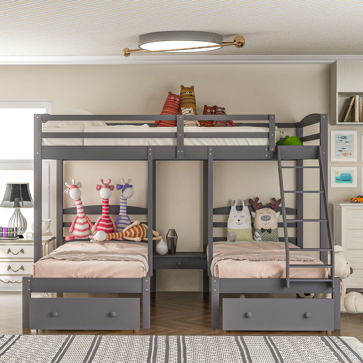 Full Over Twin & Twin Triple Bunk Bed with Drawers - Gray