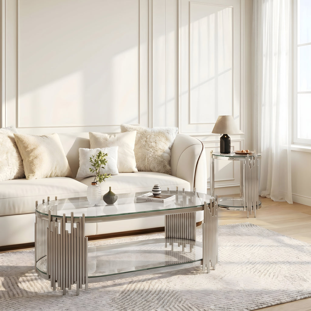 Modern Luxury Coffee Table and Side Table Set with Tempered Glass – Silver or Gold