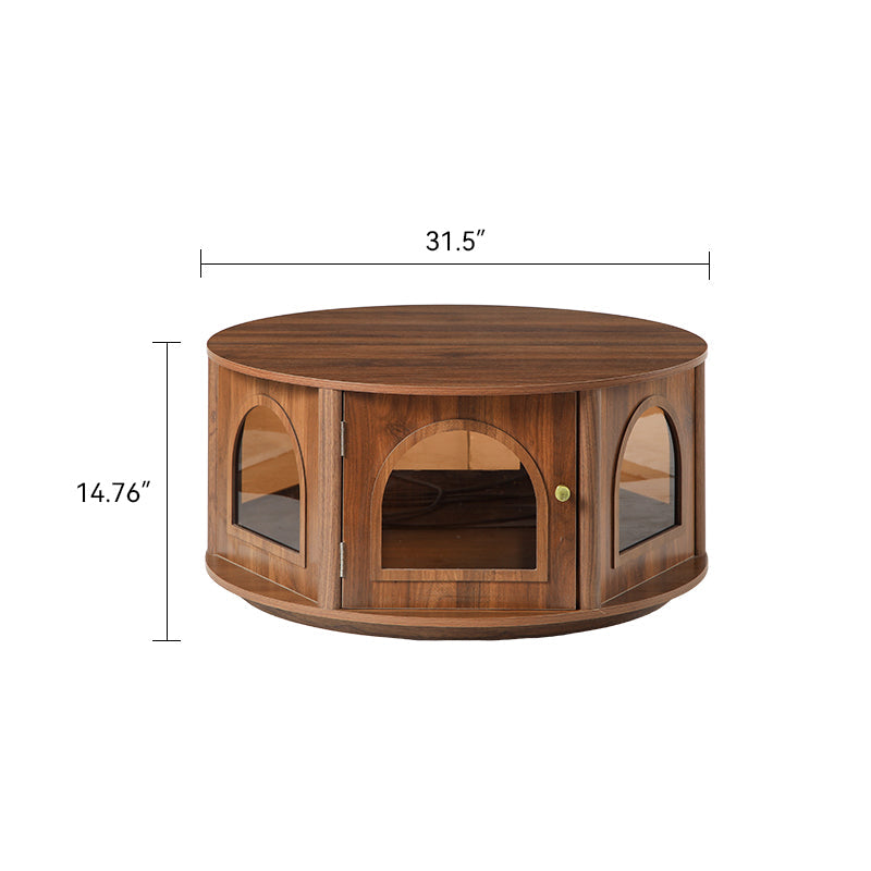 31.5" Round Coffee Table with Storage and Pet House - Dark Walnut