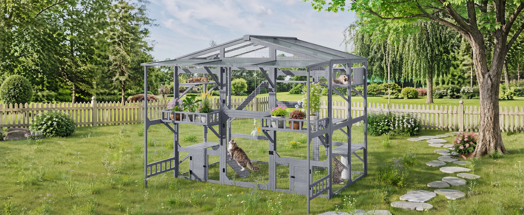 Large Outdoor Catio for Cats with Climbing Platforms - Pine