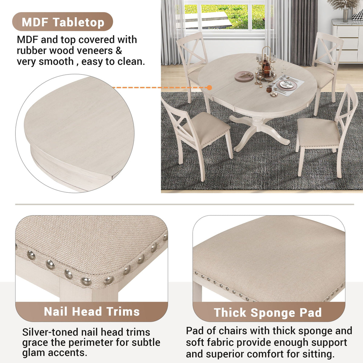 Modern Dining Table Set for 4 with Curved Back Chairs - Beige or Light Brown