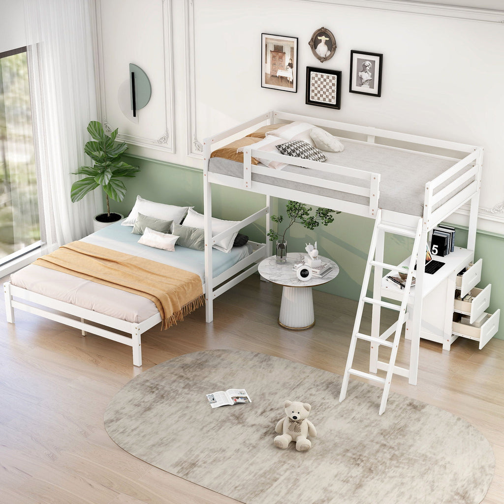 Bunk Bed with Built-In Desk and 3 Drawers - Twin over Full