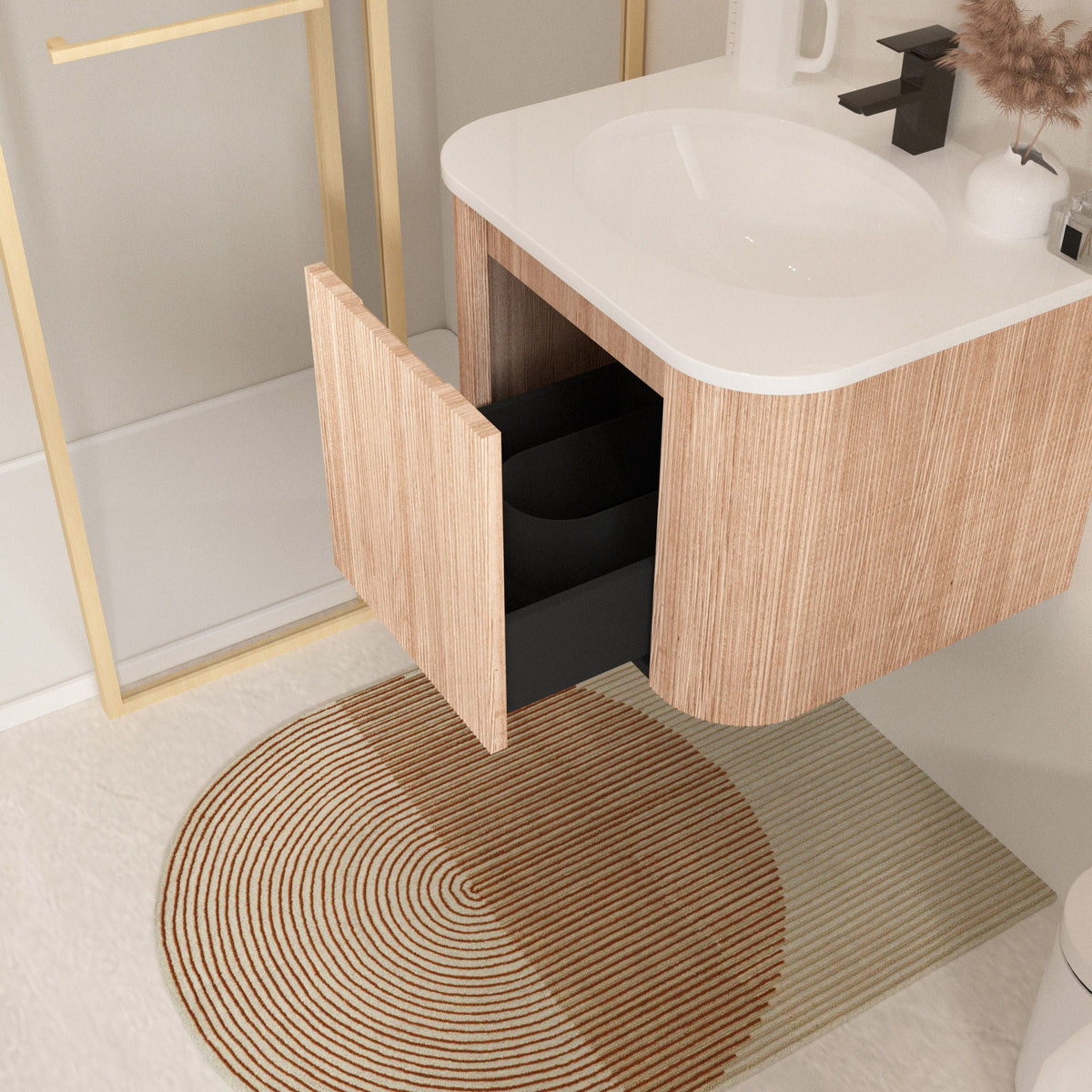 Light Brown Wall Mounted Bathroom Vanity with Sink - Curved Front