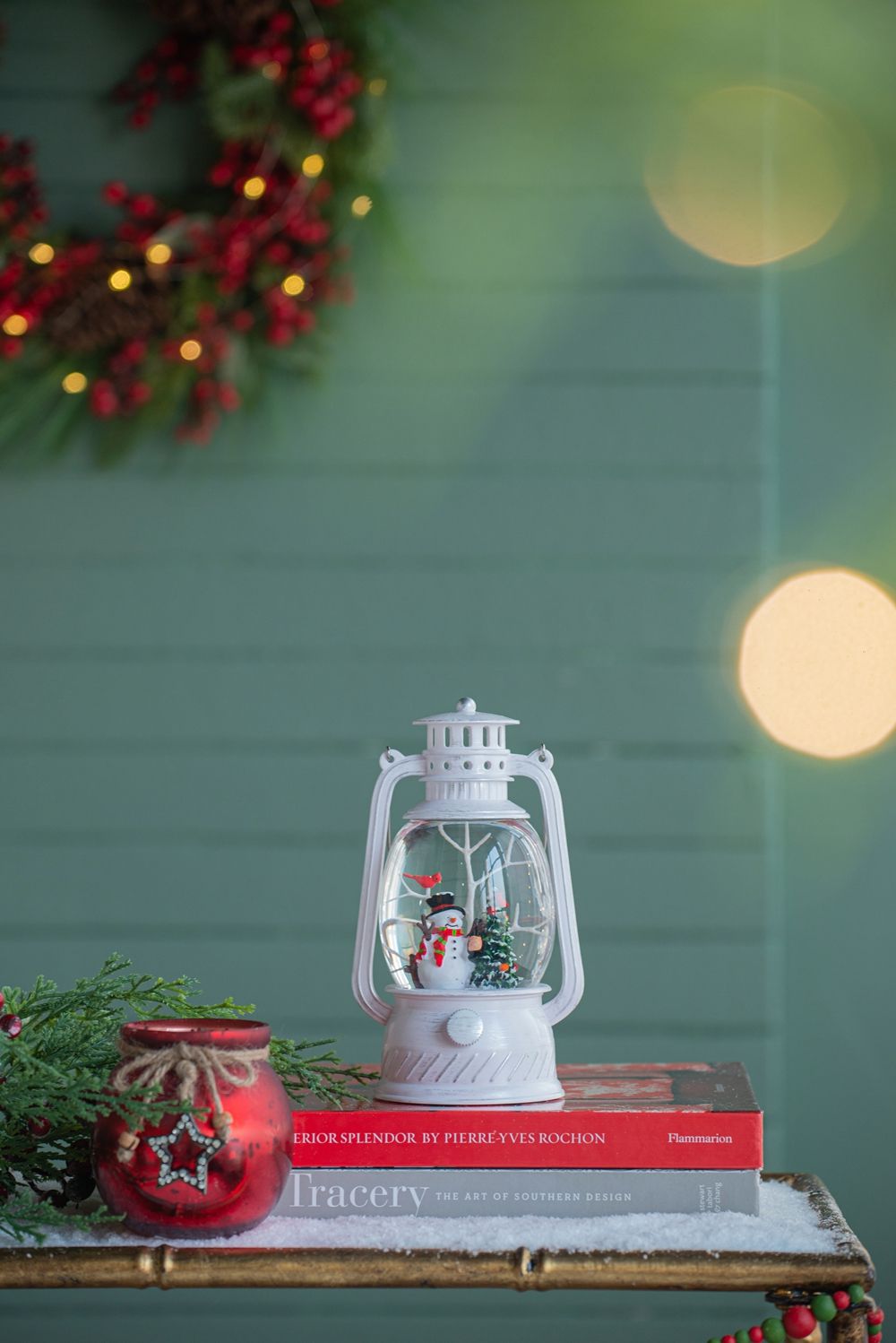 Christmas Lantern with Snowman & Tree LED and Water Spinning - White / Multi