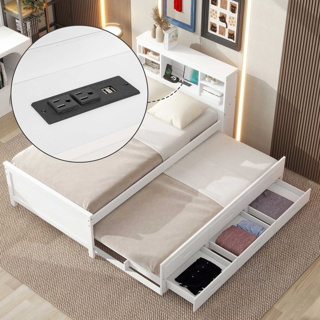 Platform Bed with Storage Headboard, USB, Trundle & 3 Drawers - Twin or Full