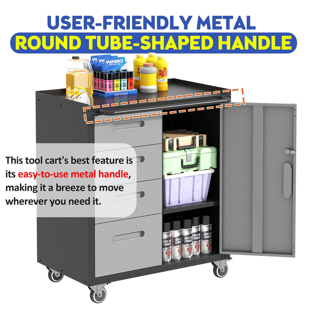 Sturdy Metal Tool Storage Cabinet with Lockable Wheels and Drawers - Gray or Black