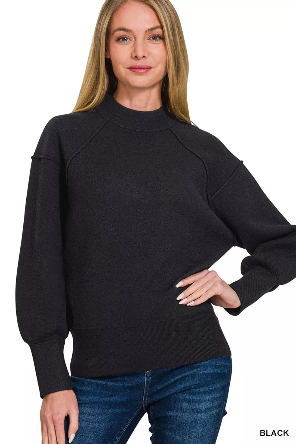 Zenana Viscose Mock Neck Exposed Seam Sweater