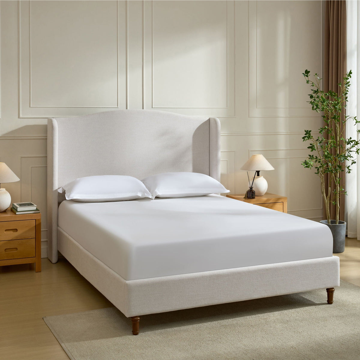Beige Upholstered Wingback Bed with Tall Headboard – King or Queen