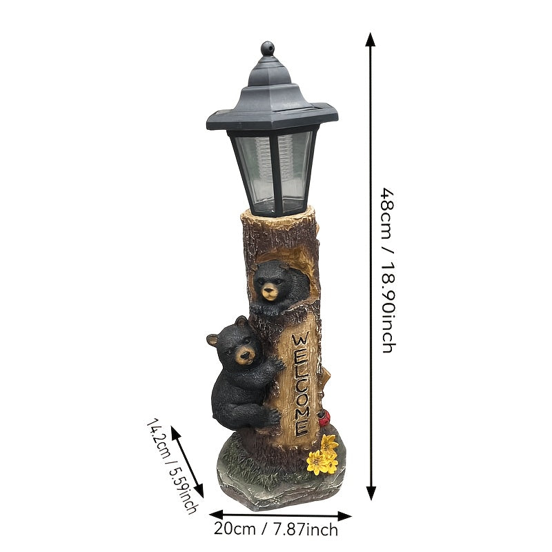Solar-Powered Bear Welcome Statue with Hand-Painted Welcome Sign - Black