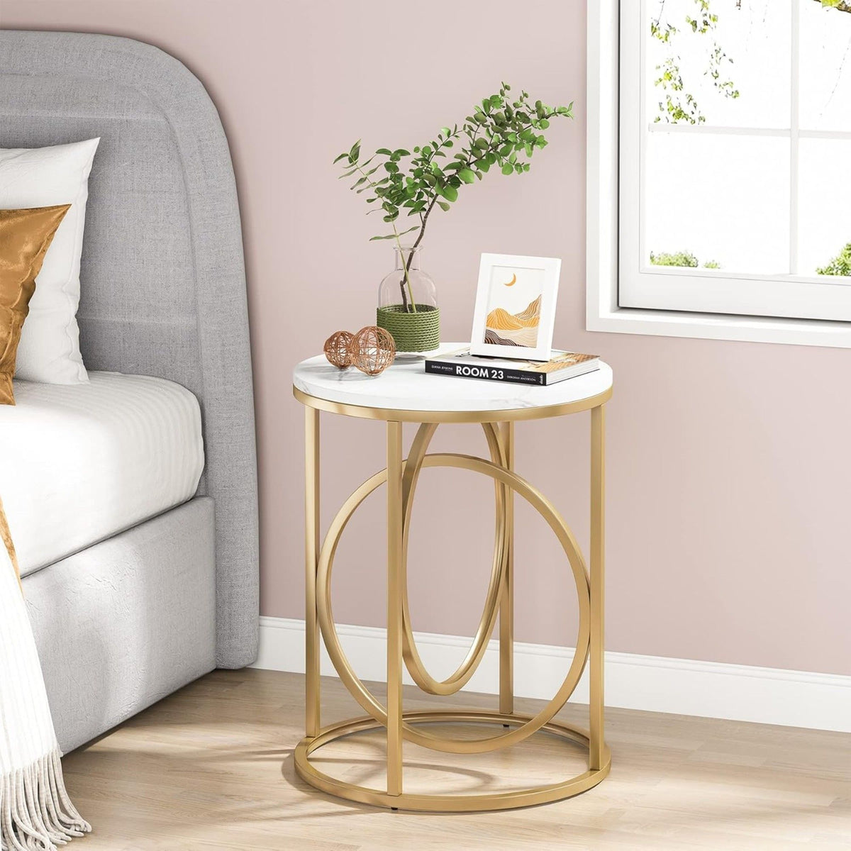 Round End Table with Faux Marble Top - White and Gold
