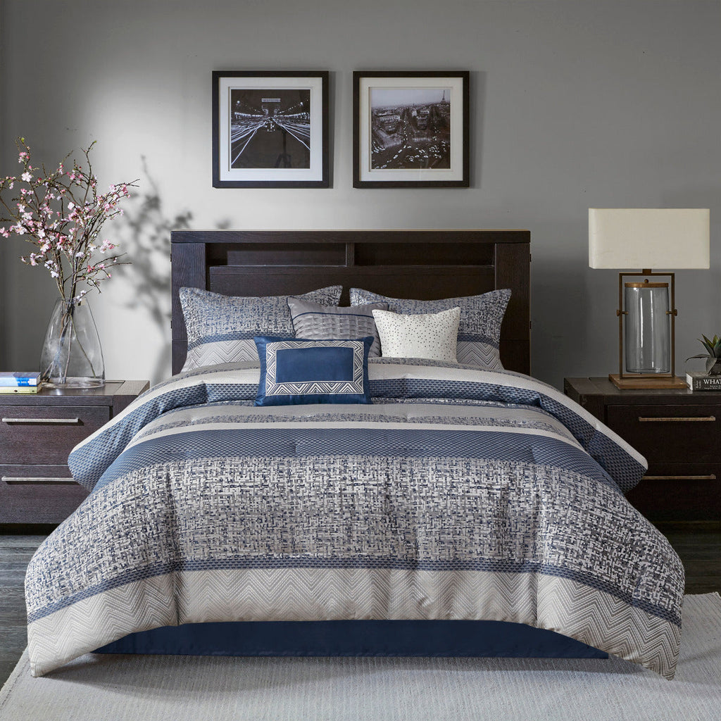 Jacquard Comforter Set 7 Piece with Decorative Pillows - Navy and Grey