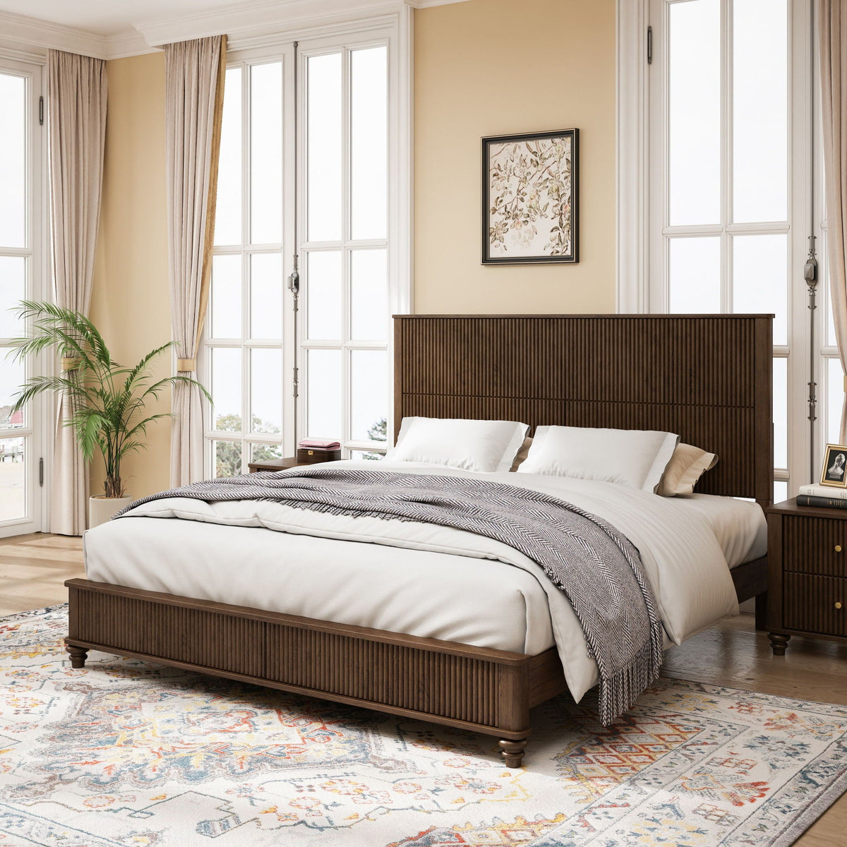 Platform Bed Frame with Tall Headboard - Solid Wood, Queen & King Sizes