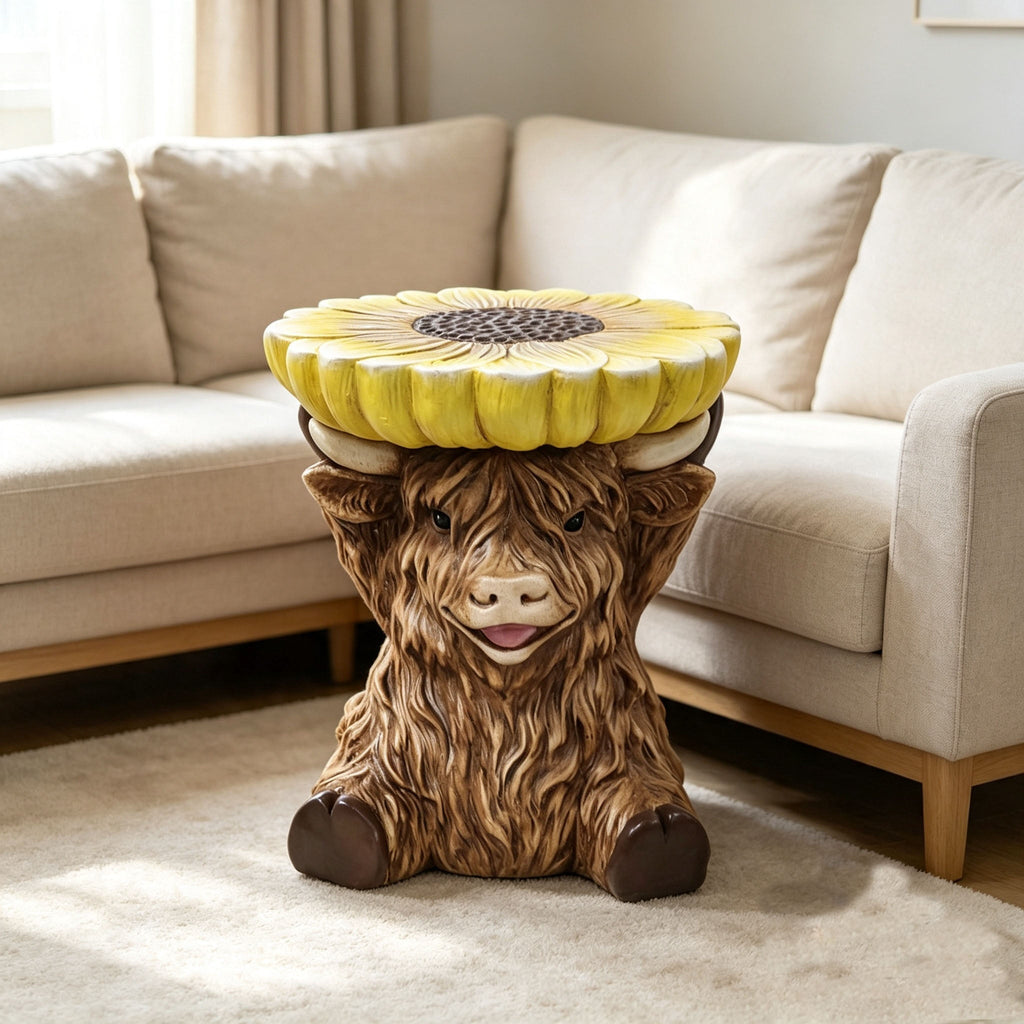 Highland Cow Stool with Sunflower Top - Resin Farmhouse Stool
