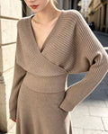 Women New Autumn-Winter Pullover Knit Sweater Off-The-Shoulder Batwing Sleeve V-Neck