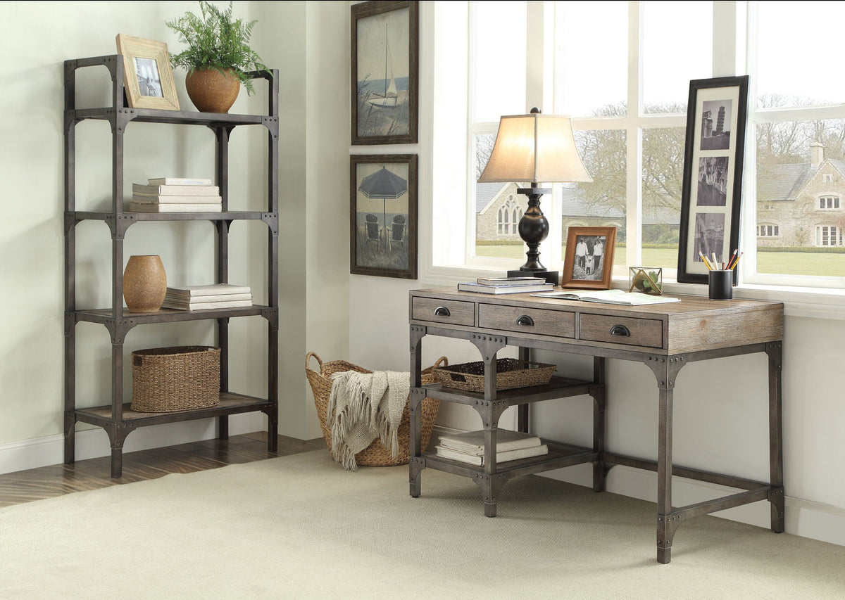 Weathered Antique Metal Writing Desk with Drawers and Shelves - Oak
