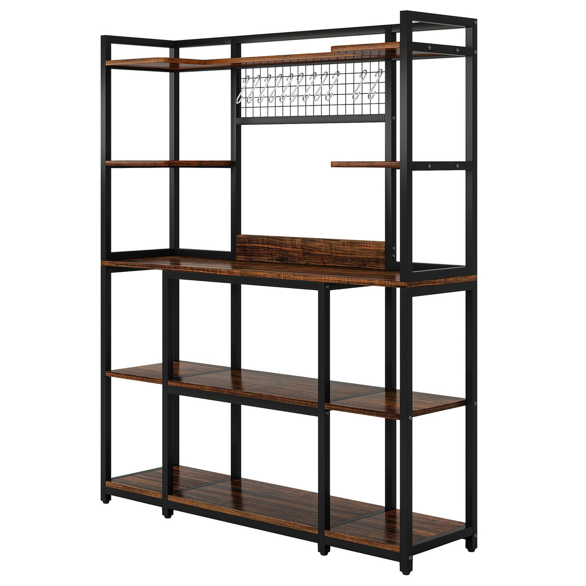 Black Baker's Rack with 5-Tier Storage and Hooks - Freestanding Kitchen Organizer