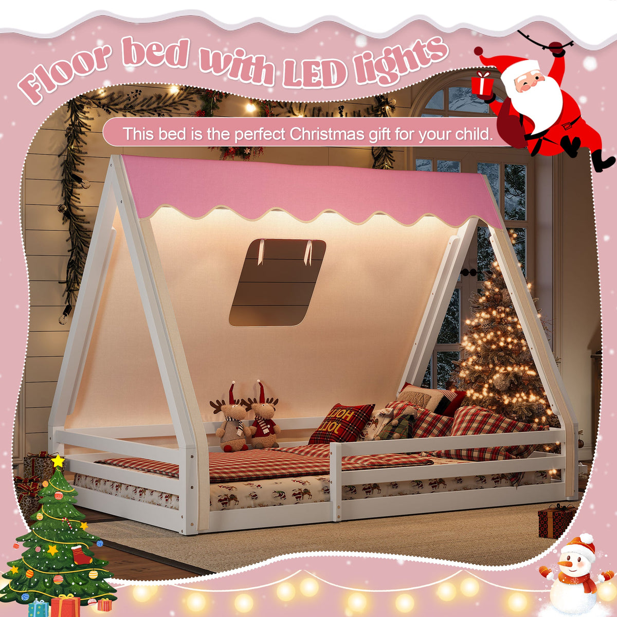 Full Size House Floor Bed with Tent and Light - Pine, MDF, and Plywood