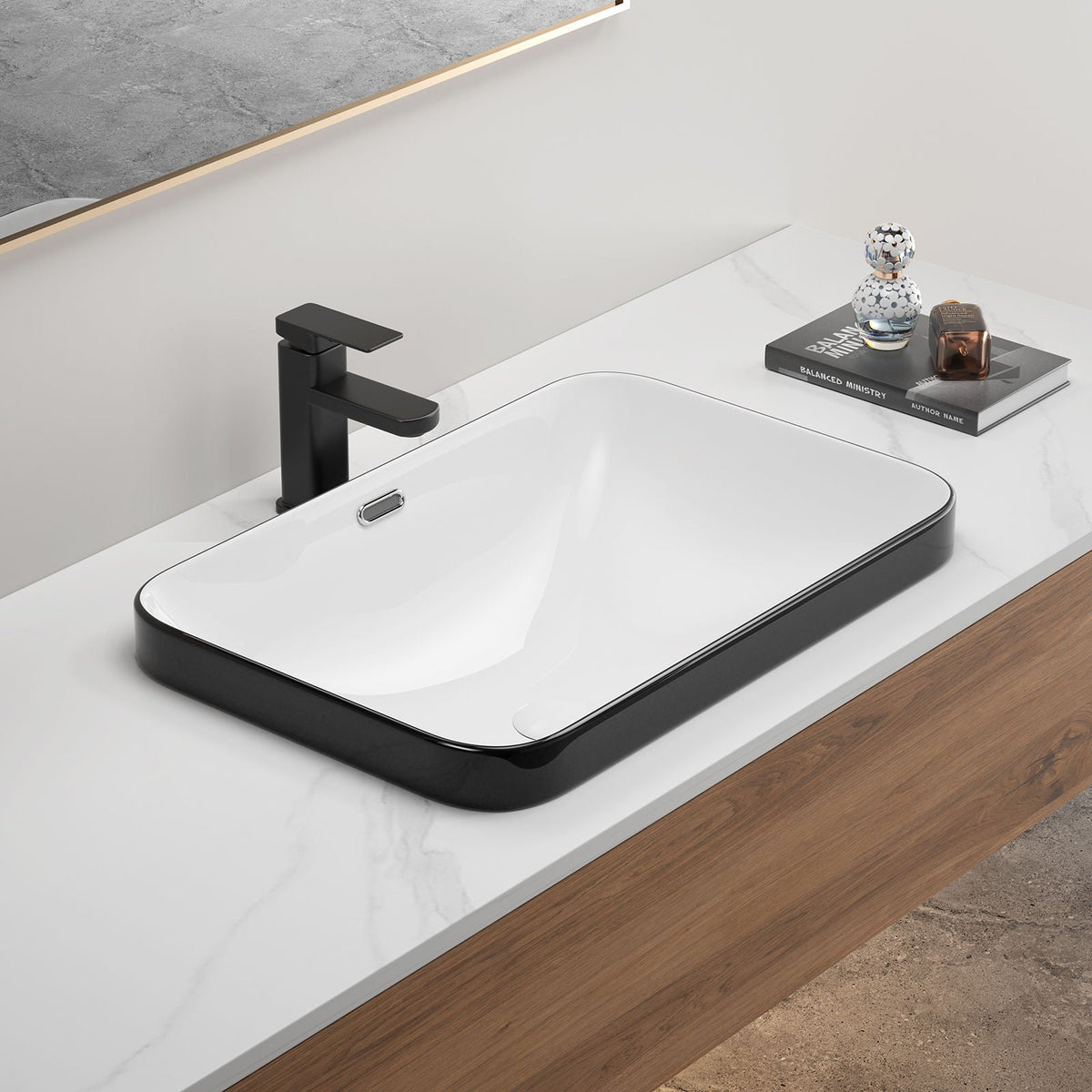 Undermount Bathroom Sink with Glazed Porcelain Finish - Black White