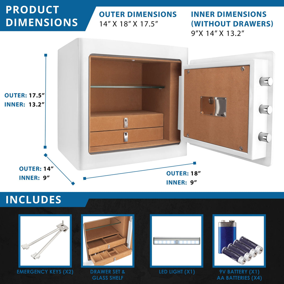 Durable Construction Jewelry Safe with Fireproof Protection - White or Black