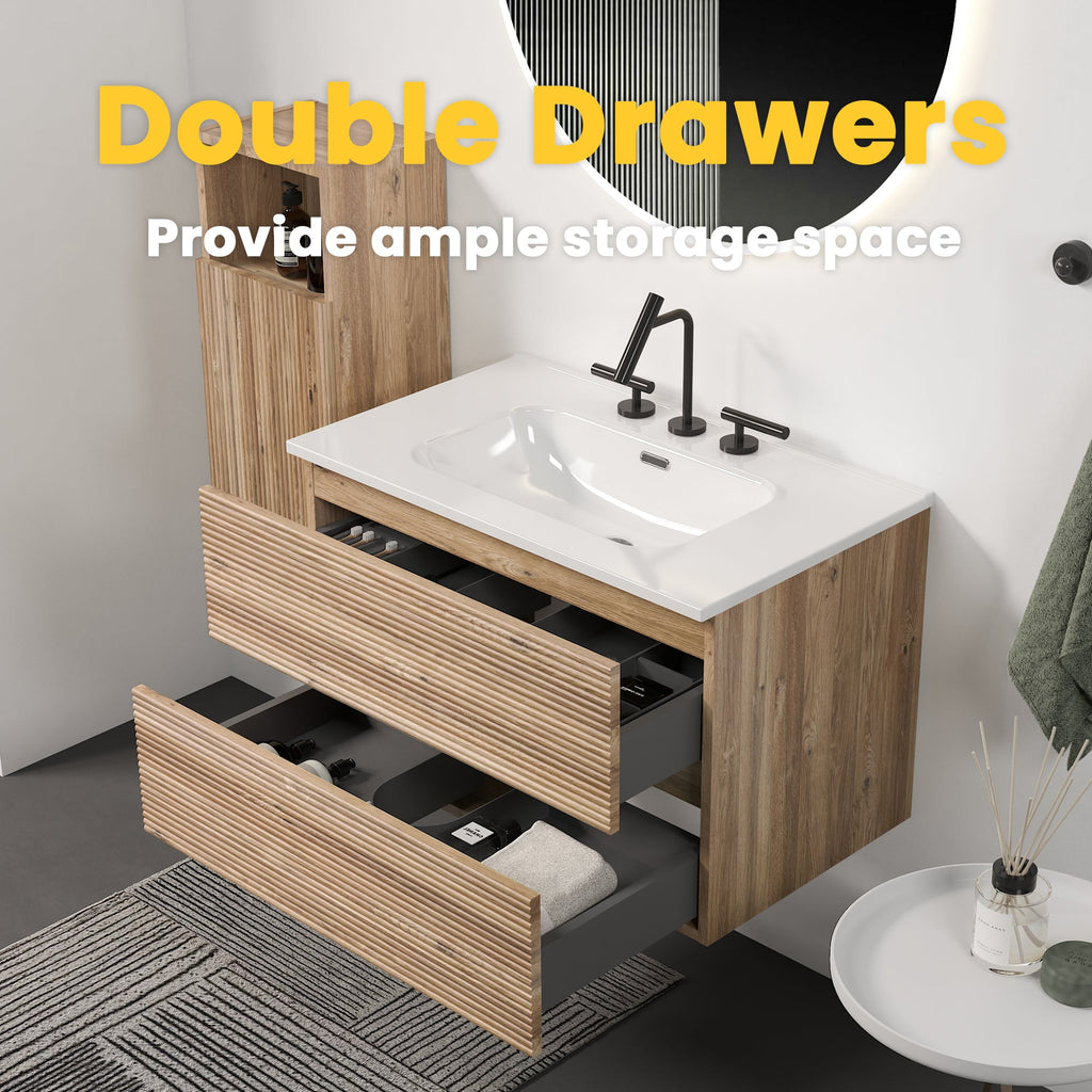 Gloria 30" Wall Mounted Bathroom Vanity with Soft-Close Drawers - Rough Oak