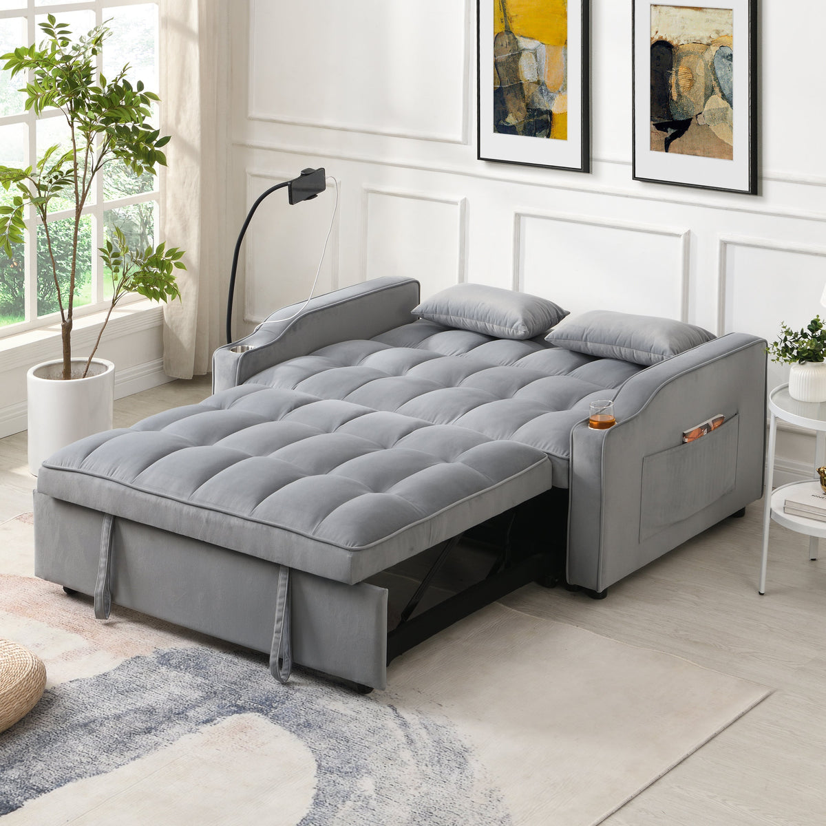 Modern Velvet Sleeper Loveseat with Pullout Bed and USB Ports - Light Gray