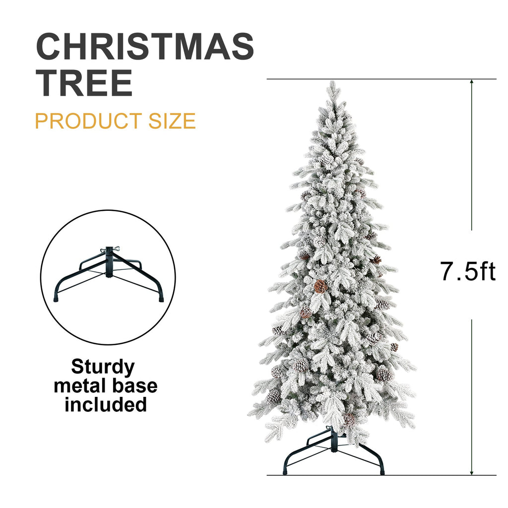 7.5 FT Flocked Christmas Tree with 40 Natural Pine Cones