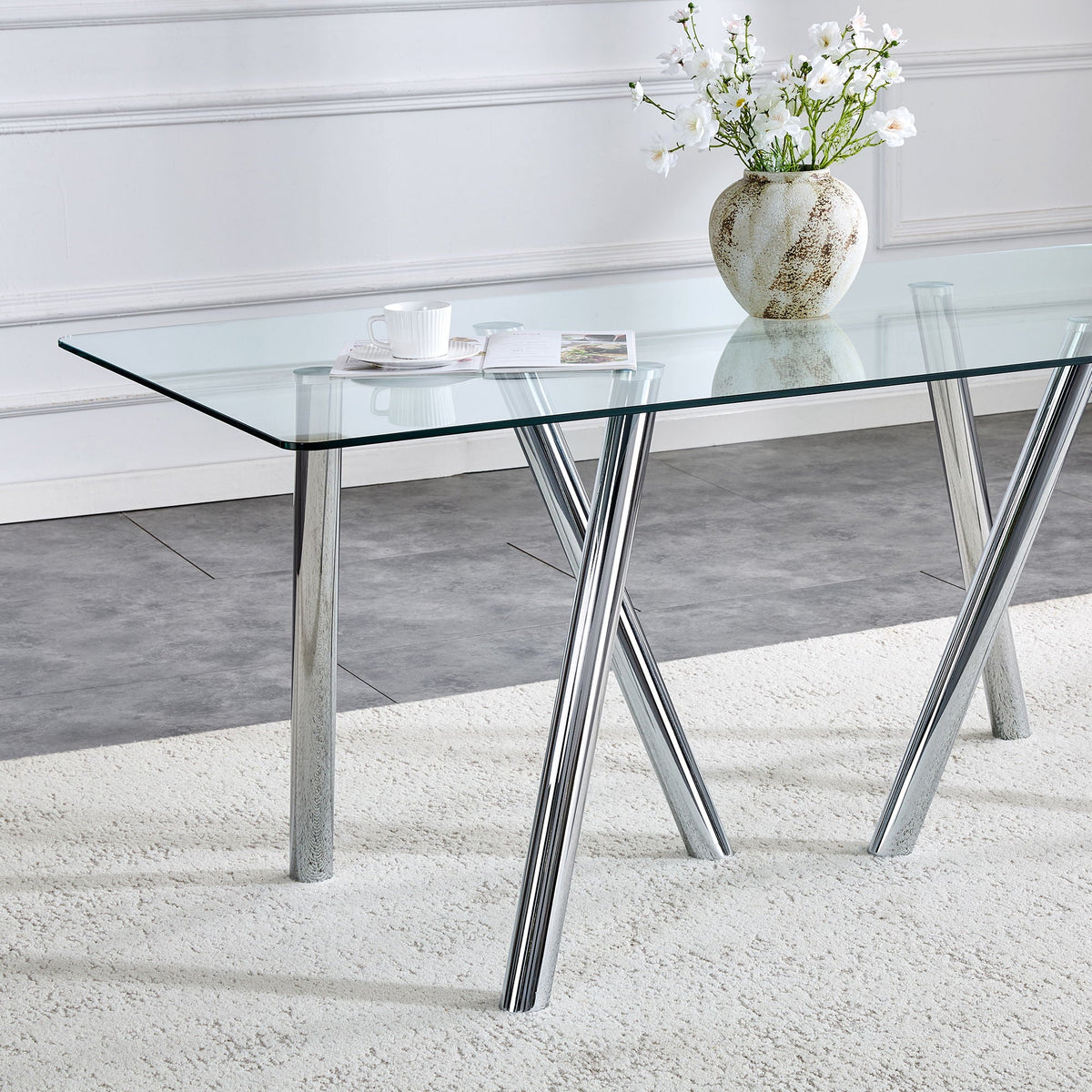 Dining Table with Transparent Tempered Glass Surface – Pearl Silver or Gold