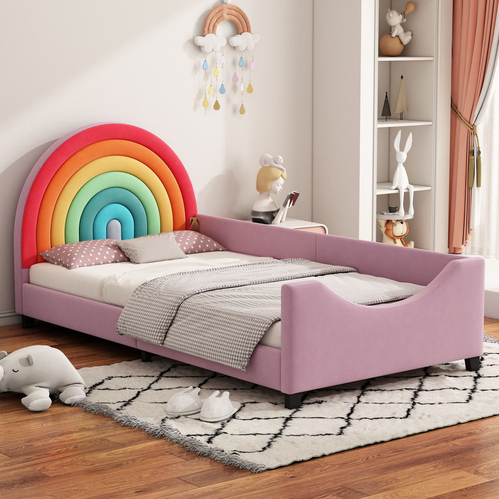 Rainbow Upholstered Twin Daybed with Safety Fence - Colorful / Pink