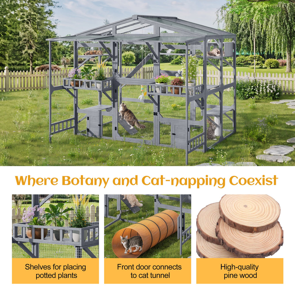 Large Outdoor Catio for Cats with Climbing Platforms - Pine