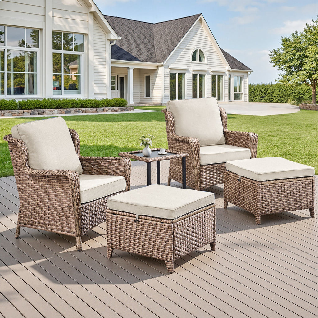 5-Piece Outdoor Lounge Chairs Set with Cushions and Side Table - Beige or Blue