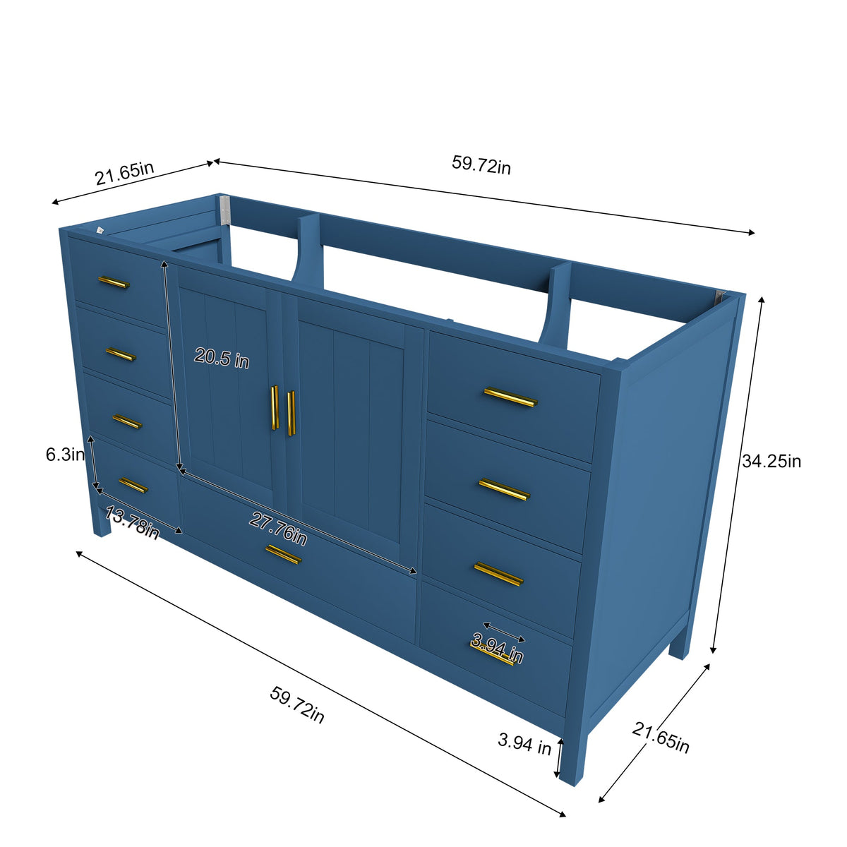60" Bathroom Vanity Base Cabinet with Soft-Close Doors - Blue