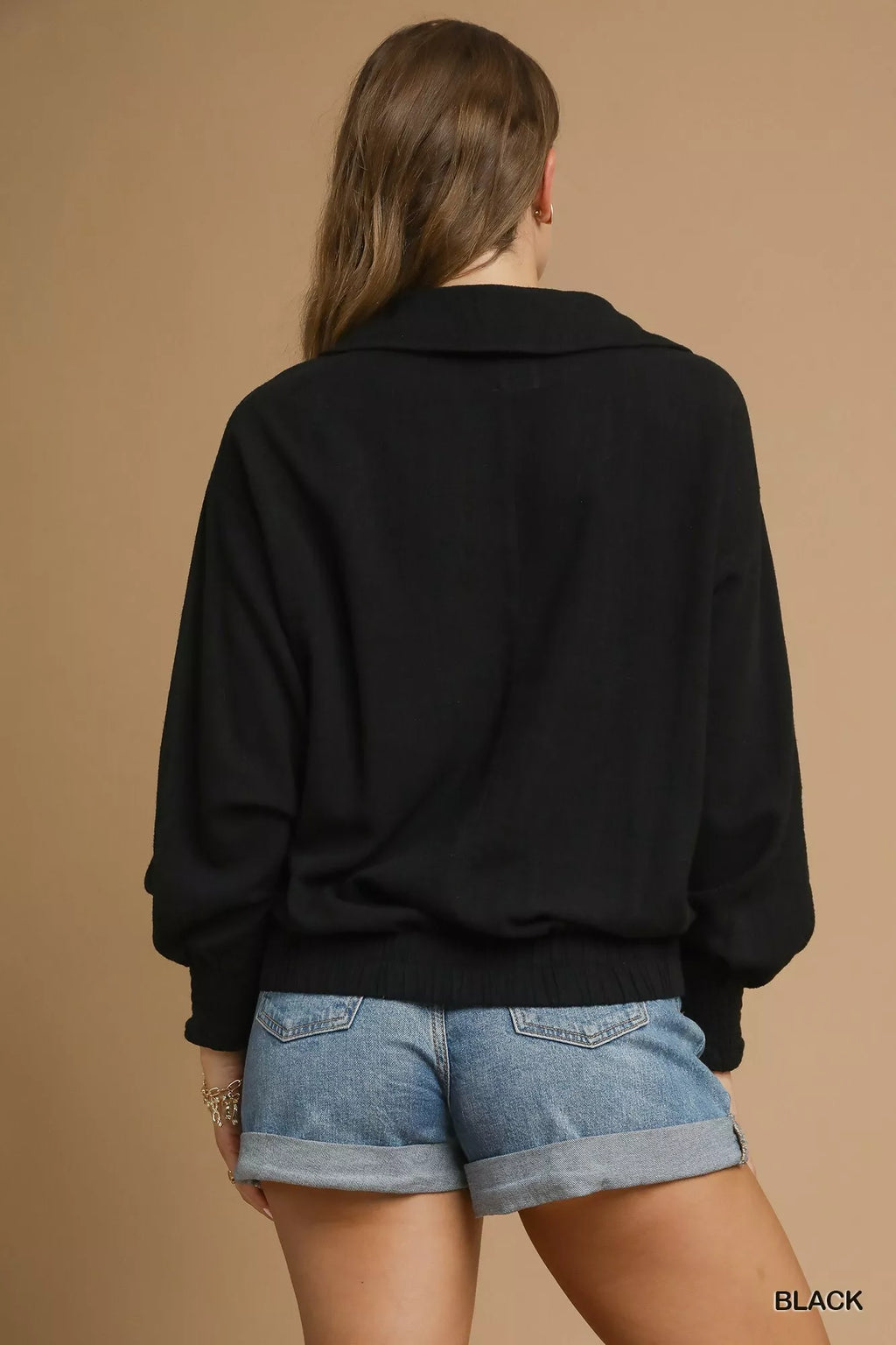 Umgee Linen Long Sleeves Elastic Hem Blouse