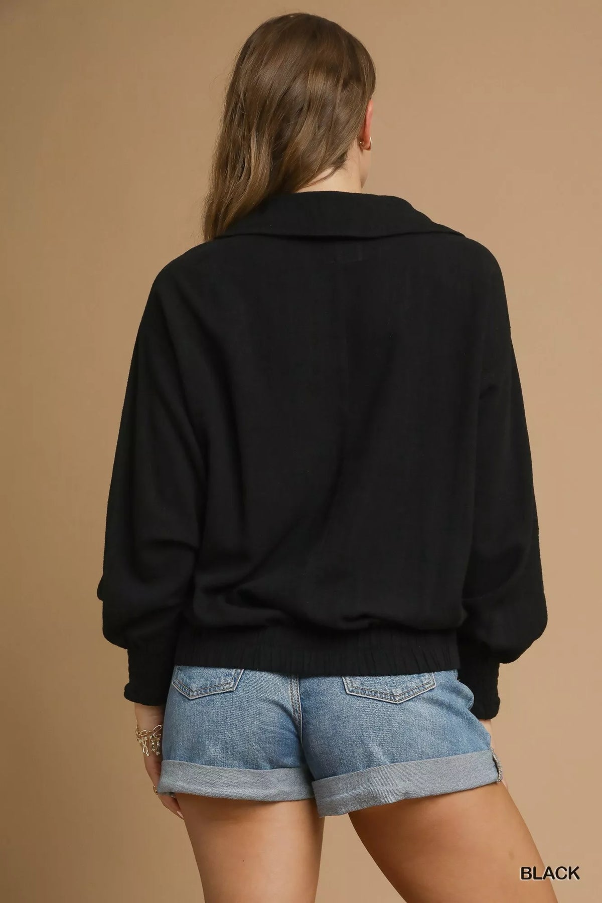 Umgee Linen Long Sleeves Elastic Hem Blouse