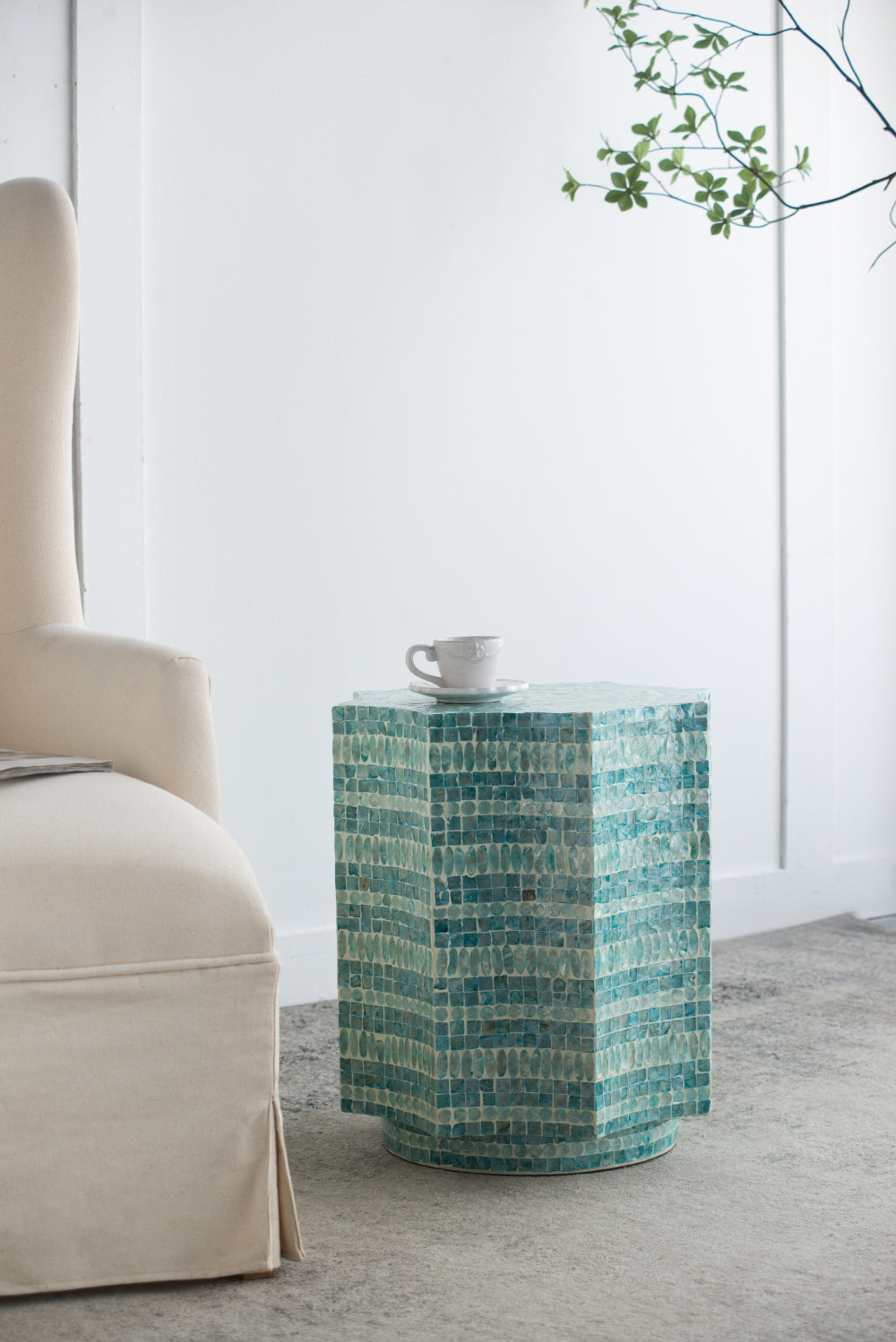 Capiz Design Pedestal Stool with Starburst Capiz Inlay - 17x17x20 Inches