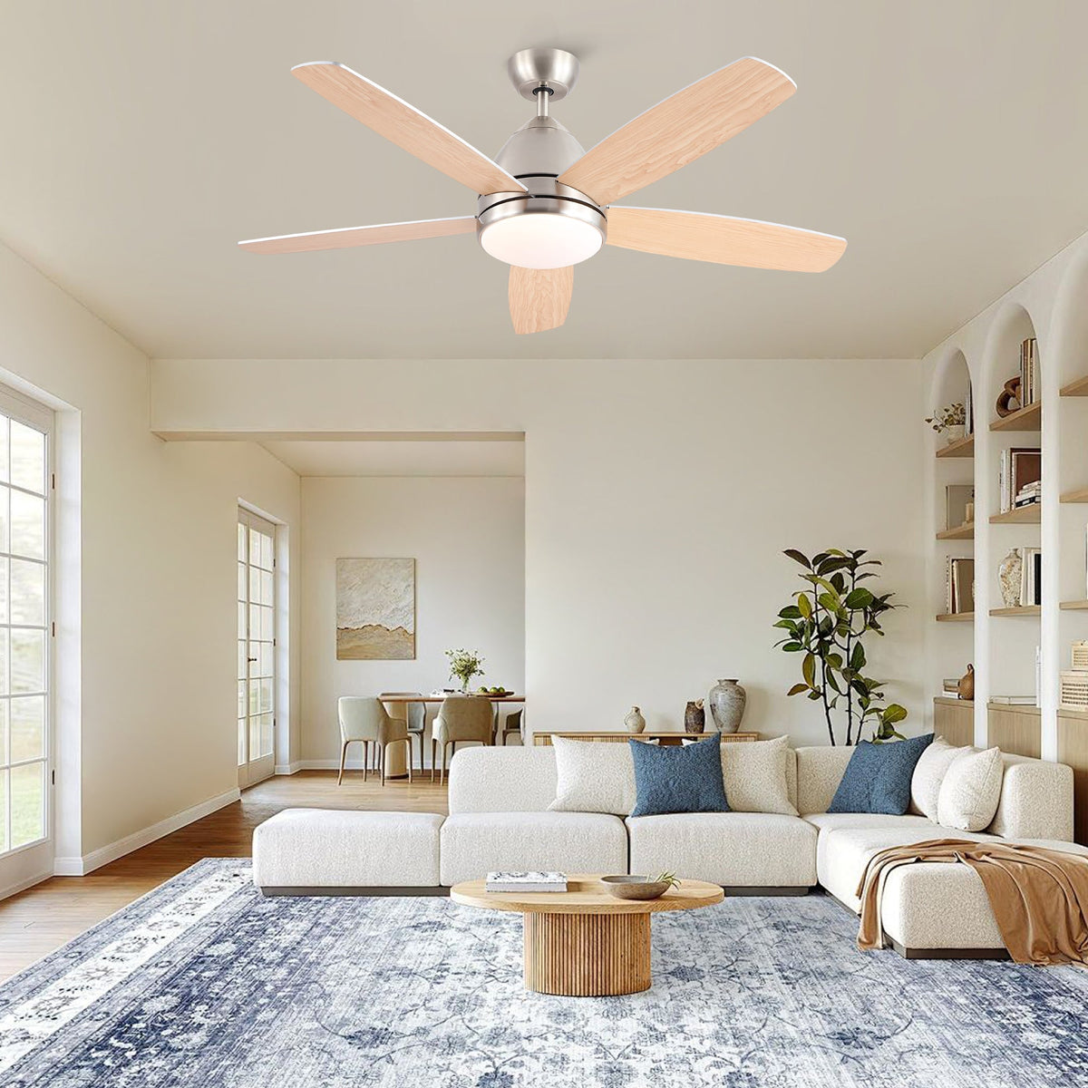 52 Inch Indoor Brushed Nickel Ceiling Fan with Integrated LED Light Kit and Remote