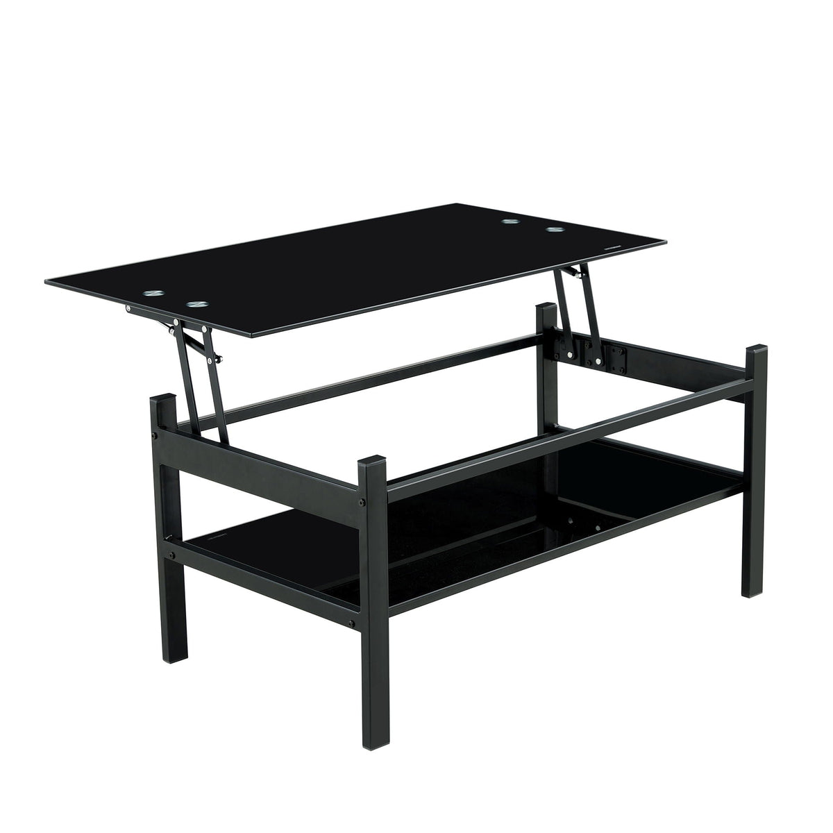 Glass Lift Top Coffee Table with Storage Shelf - Black