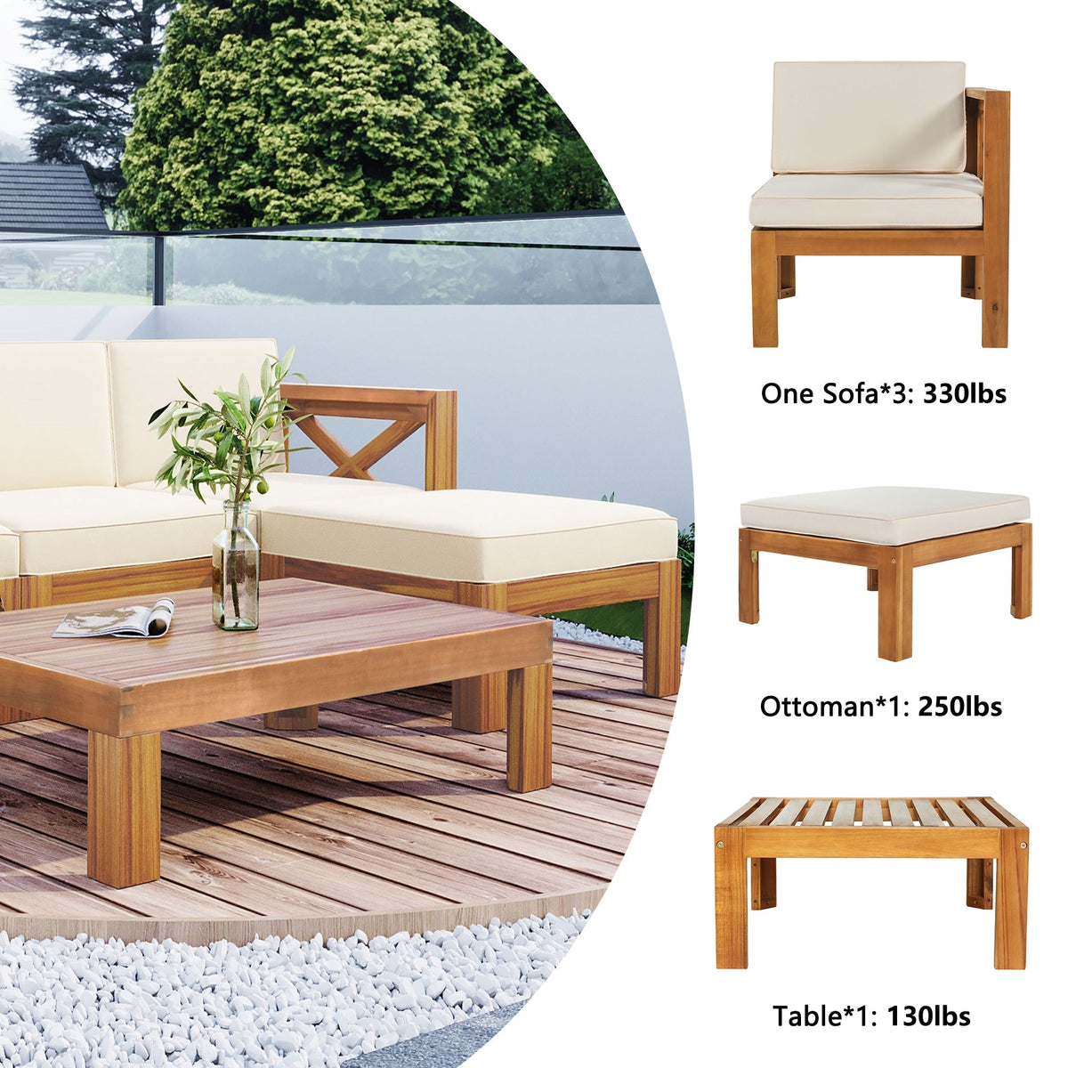 Acacia Wood Outdoor Sectional Sofa Set with Water-Resistant Cushions - Beige