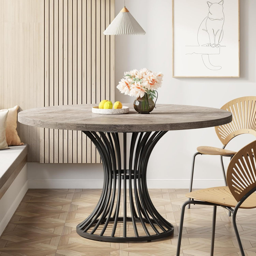 Round Dining Table for 4–6 with Sculpted Metal Base - Gray/Black