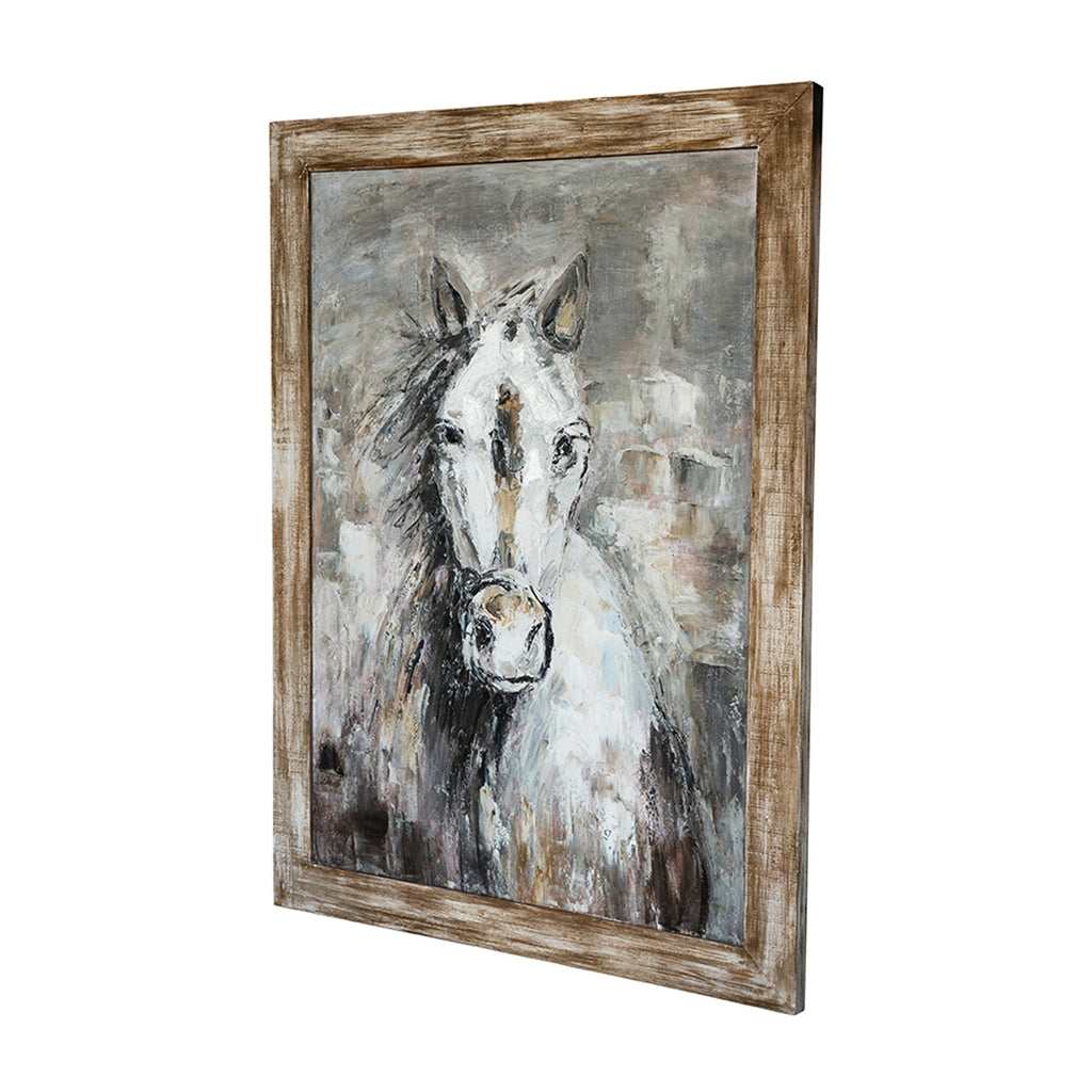 Hand-Painted White Horse Wall Art with Rustic Fir Frame - Multicolor