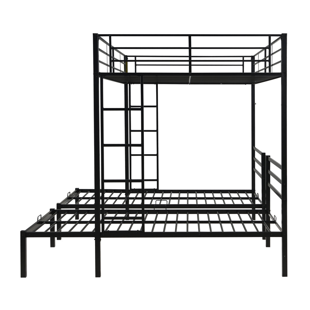 Modern Metal Triple Bunk Bed With Vertical Ladder, Safety Rail, And Storage Shelf - Black