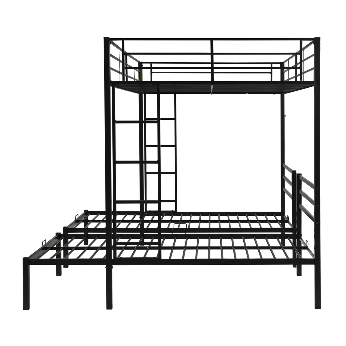 Modern Metal Triple Bunk Bed With Vertical Ladder, Safety Rail, And Storage Shelf - Black
