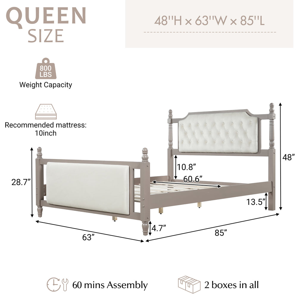 Queen Size Upholstered Platform Bed with Button Tufted Velvet Headboard - Taupe or Brown